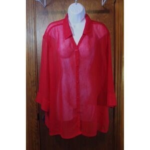 Kathie Lee Woman Red Sheer Crinkle Button‎ Front Blouse 22W 24W KL2364A